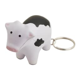 A fun black and white stress cow key ring with a metal keychain attached.
