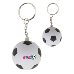 A stress soccer ball key ring in white and black, featuring a logo and attached to a silver keychain.