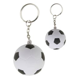 A stress soccer ball key ring in white and black with a shiny metal chain and ring.