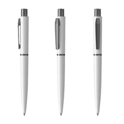 A set of three white metal pens featuring silver detailing and a clip, with a sleek, modern design.