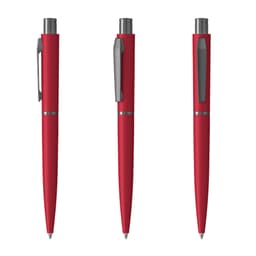 A red metal pen with a clip and a polished silver accent, displayed from multiple angles.