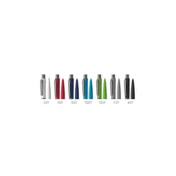 A collection of metal pens in various colours: white, red, navy, blue, green, black, and grey, featuring a logo.