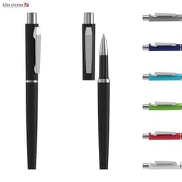 A rollerball soft-touch metal pen in black, alongside various coloured metal pens, on a white background.