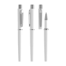A white metal rollerball pen with a soft-touch finish, featuring a sleek design and silver accents.