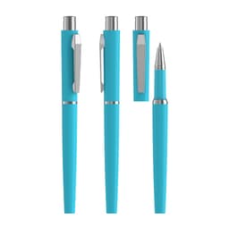 A blue rollerball pen with a soft-touch finish, featuring a clip and silver accents. It includes various positions of the pen.