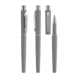 A set of grey rollerball pens with metal accents, featuring a sleek design and pocket clip.