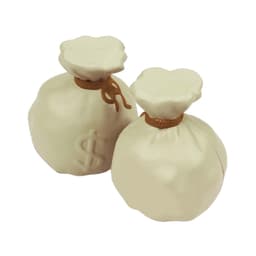 Two cream-coloured stress money bags with a tied top and a dollar sign design. They have a simple, soft texture.