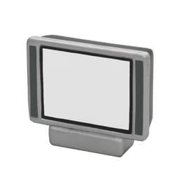A miniature stress relief television in silver and grey, featuring a blank screen and a simple design.
