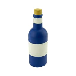 A drink bottle shaped like a wine bottle, featuring blue and white stripes with a gold-coloured top.