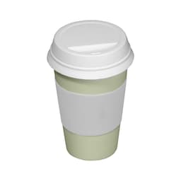 A green and white coffee cup with a white lid and sleeve, featuring a logo.