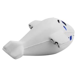 A white stress relief toy shaped like an aeroplane with blue accents. It has a smooth finish and a playful design.