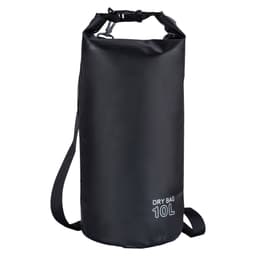 A black 10L dry sack with a shoulder strap and a logo. Suitable for waterproof storage.