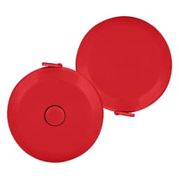 A compact red tape measure with a circular design, featuring a logo on one side. It includes a clip for attachment.