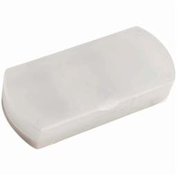A travel pill box in a translucent white colour, featuring a simple, rounded design and a logo.