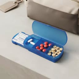 A blue travel pill box with compartments containing various pills, resting on a flat surface beside a bag.