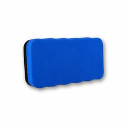 A blue magnetic foam whiteboard eraser with a black backing. The design features a wavy textured surface.