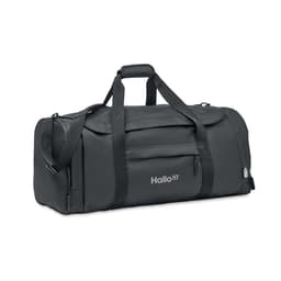 A black duffle bag with handles and a front pocket, featuring a logo on the side.