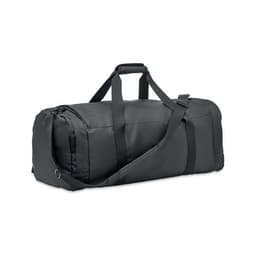 A black duffle bag with dual handles and a detachable shoulder strap, featuring a logo on the side.