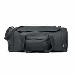 A black duffle bag with a shoulder strap and a front pocket, featuring a logo.