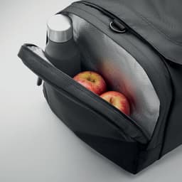 A black duffle bag with a drink bottle and two red apples visible in the zippered pocket.