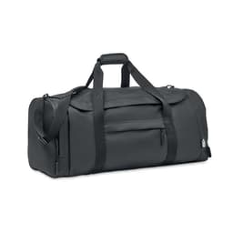 A black duffle bag with dual handles and a detachable shoulder strap, featuring a front pocket and a logo.