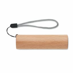 A wooden drink bottle with a grey securing strap. The surface is smooth and light in colour.