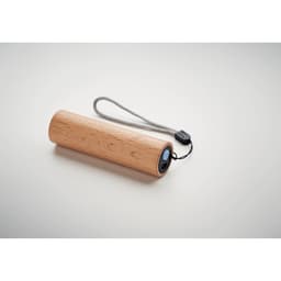 A drink bottle featuring a wooden finish with a grey strap and a logo.