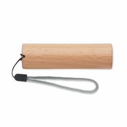 A wooden drink bottle with a natural wood finish, featuring a black cord and grey loop.