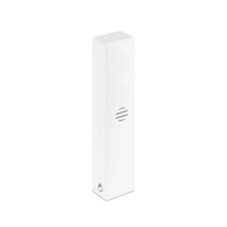 A drink bottle in a sleek, rectangular white design with a subtle logo and a striped pattern on the front.