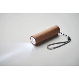 A wooden torch with a sleek design, emitting a bright beam of light, featuring a detachable strap.