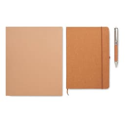 A light brown notebook with an elastic band, accompanied by a matching pen and a plain brown folder.