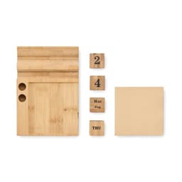 A bamboo calendar block set featuring a base with two holes and wooden blocks for days and dates.