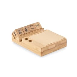 A wooden perpetual calendar with a notepad holder, featuring brown blocks for the date and day.