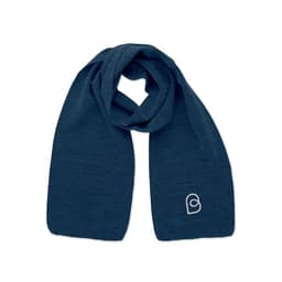 A navy blue scarf featuring a logo design. The scarf is made of a soft, textured fabric.
