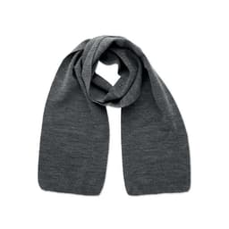 A grey scarf is elegantly draped in a loop, featuring a soft, textured fabric.