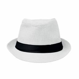 A white fedora hat featuring a black band around the base. The hat has a textured design.