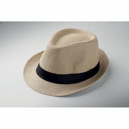 A straw fedora hat in a natural beige colour, featuring a black band around the base.