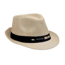 A straw fedora hat featuring a black band with branding. The hat is light beige in colour.