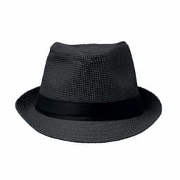 A black fedora hat with a textured finish and a black ribbon band. It has a wide brim and a classic shape.