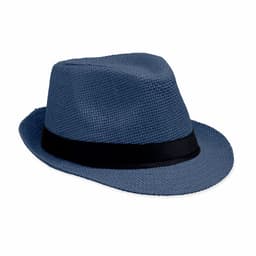 A blue fedora hat with a black band, featuring a textured weave pattern.
