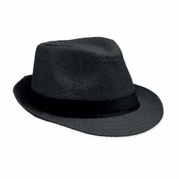 A grey fedora hat with a black band, featuring a textured woven design.