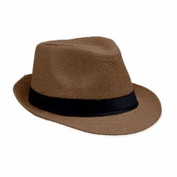 A brown fedora hat with a black band, featuring a textured woven design.