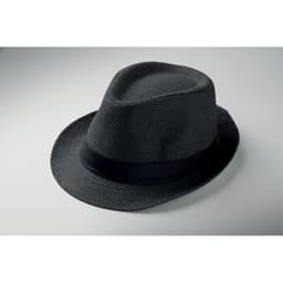A black fedora hat made of woven material, featuring a matching black ribbon band.