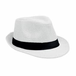 A white fedora hat with a black band. It features a textured design and a classic silhouette.