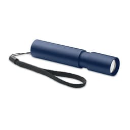 A flashlight featuring a navy blue body and a wrist strap for easy carrying. It has a simple, cylindrical design.