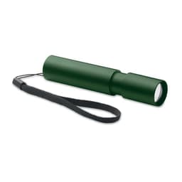 A green flashlight with a wrist strap, featuring a cylindrical design and a clear lens at one end.