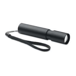 A black flashlight with a wrist strap, featuring a cylindrical design and a narrow lens at one end.