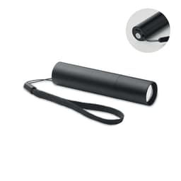 A black flashlight with a cylindrical design, featuring a wrist strap and a circular lens at one end.