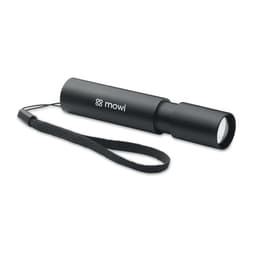 A black torch with a wrist strap and a logo. The design is sleek and cylindrical.