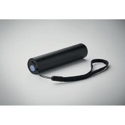 A black drink bottle with a strap, featuring a circular cap and a small USB port.